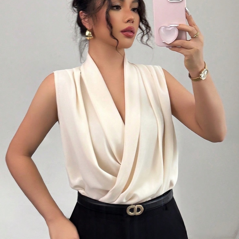 Draped Sleeveless Surplice V-Neck Blouse Top Beige